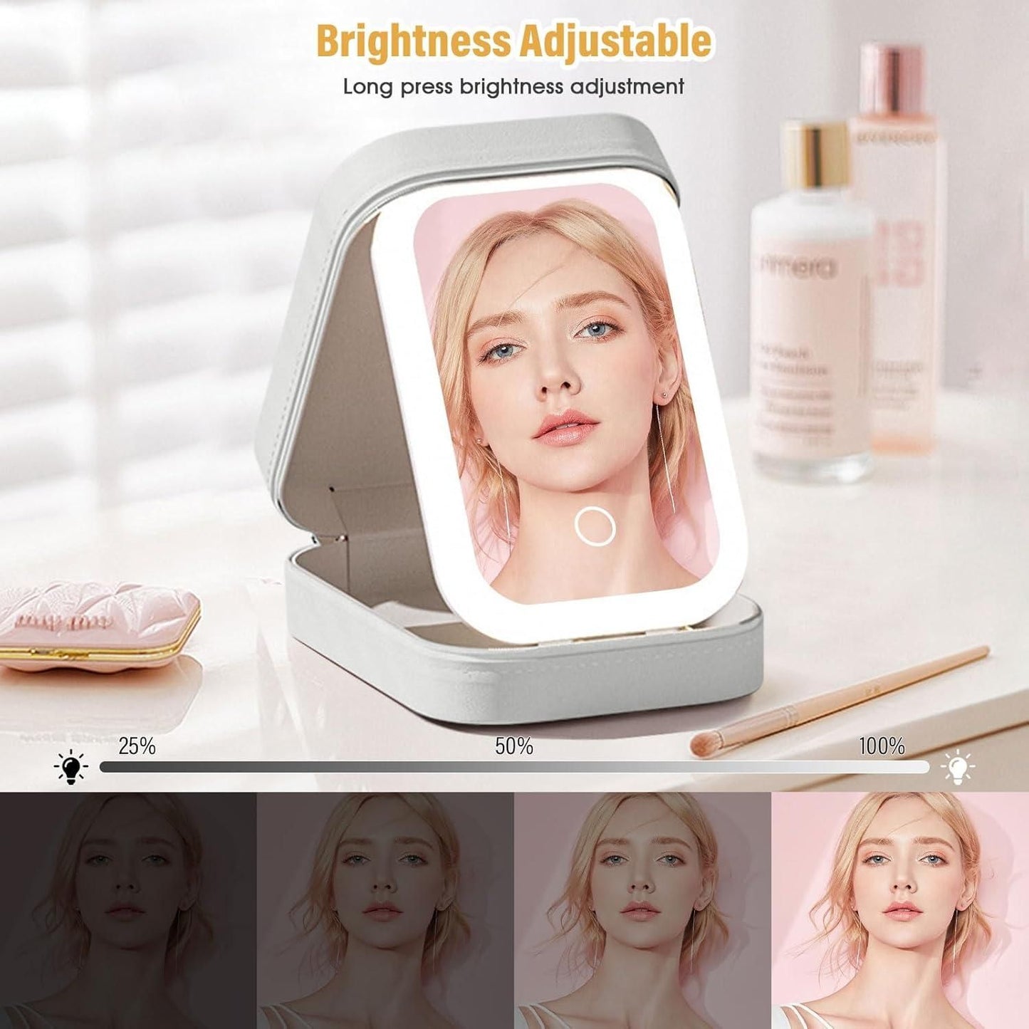 White Luxury Jewelry Organizer Box With LED Mirror – Portable & Stylish