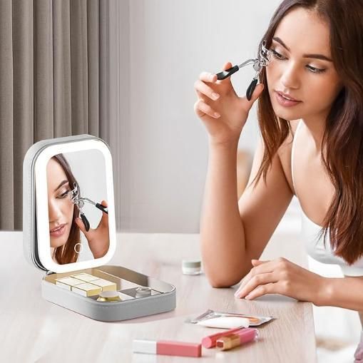 White Luxury Jewelry Organizer Box With LED Mirror – Portable & Stylish